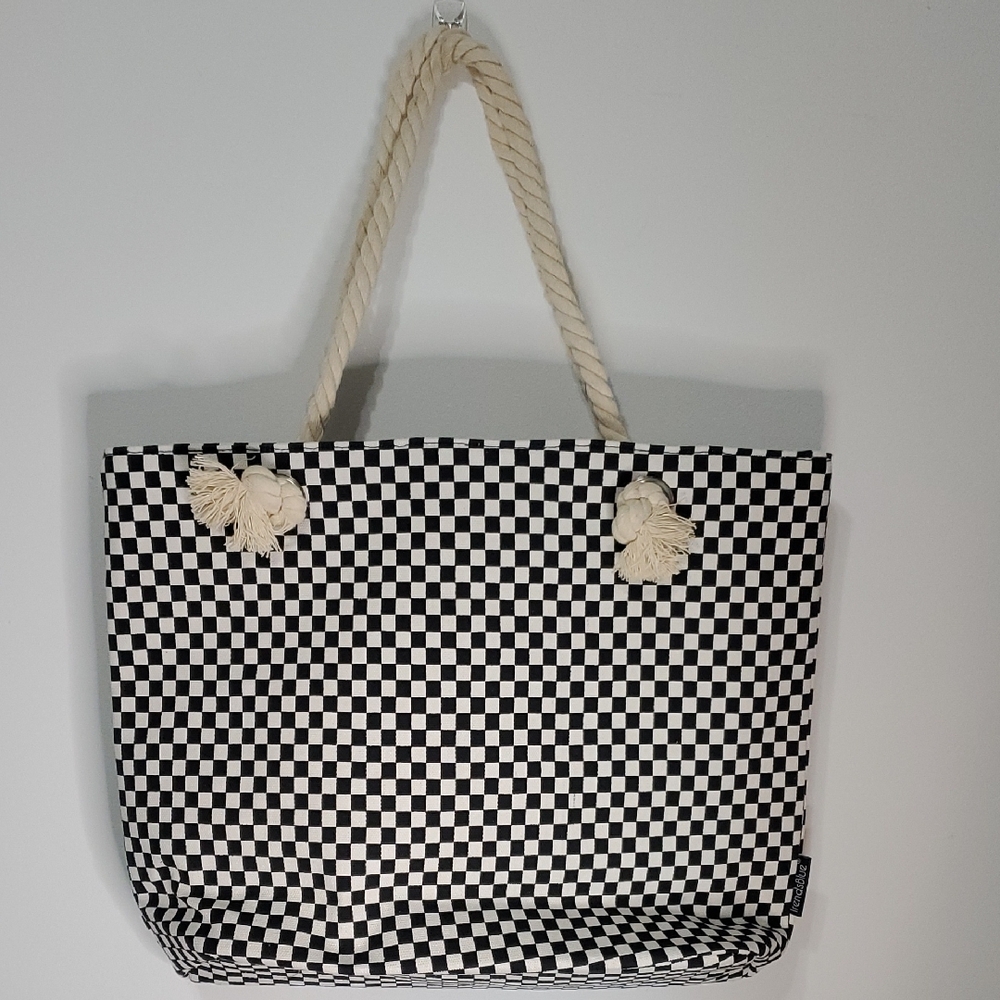 Black and White Checkered Tote with Rope Handles